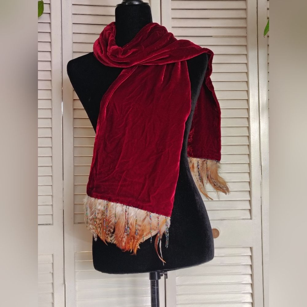 Camilla Ridley London Luxurious Red Velvet Scarf with Feather Trim – Like New OS